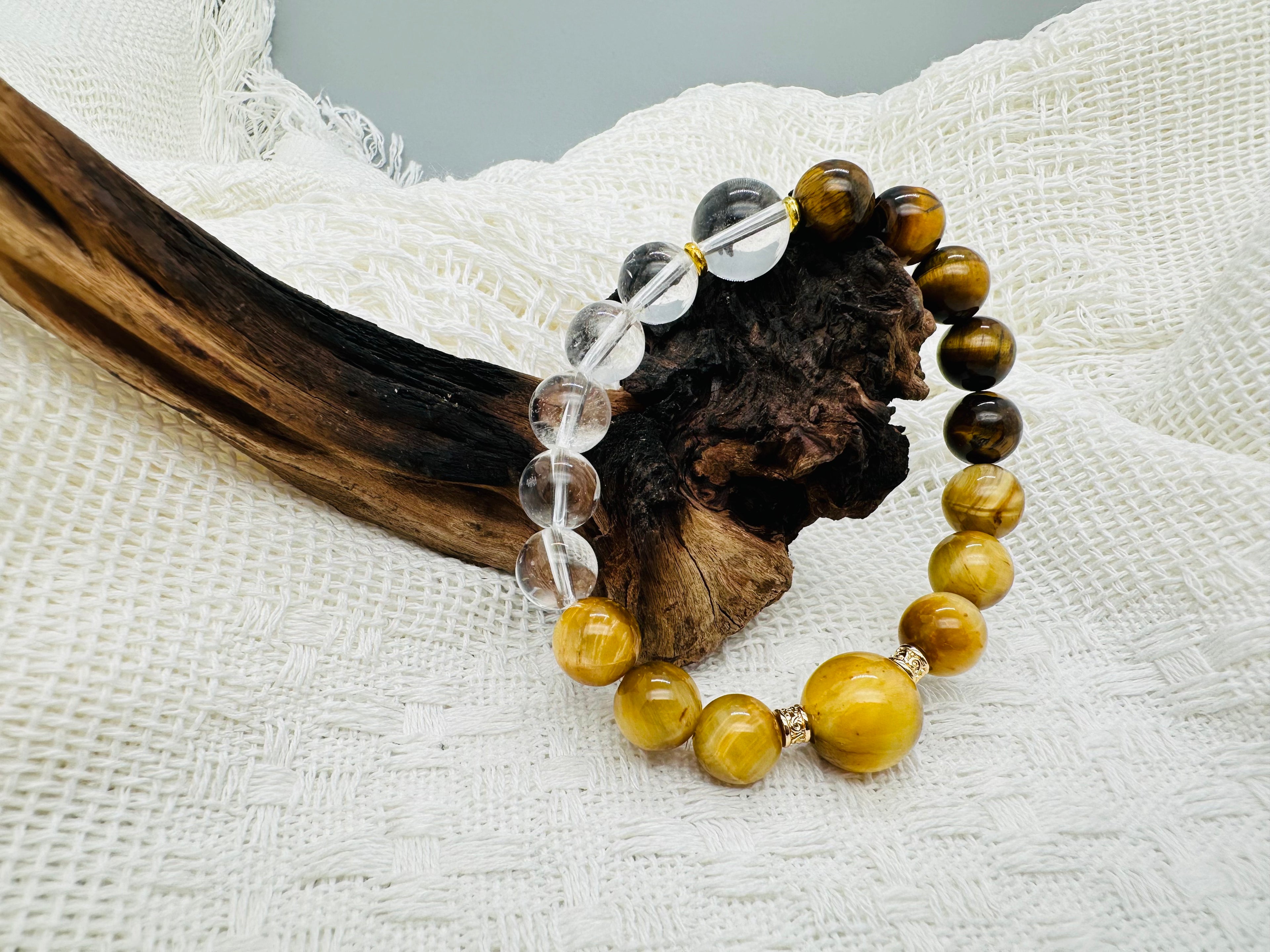 Energiearmband aus Gelbem Tigerauge & Klarem Bergkristall