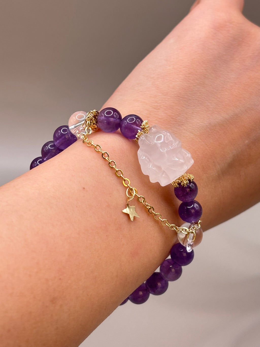 Amethyst Armband mit Bergkristall-Neunschwänzigem Fuchs